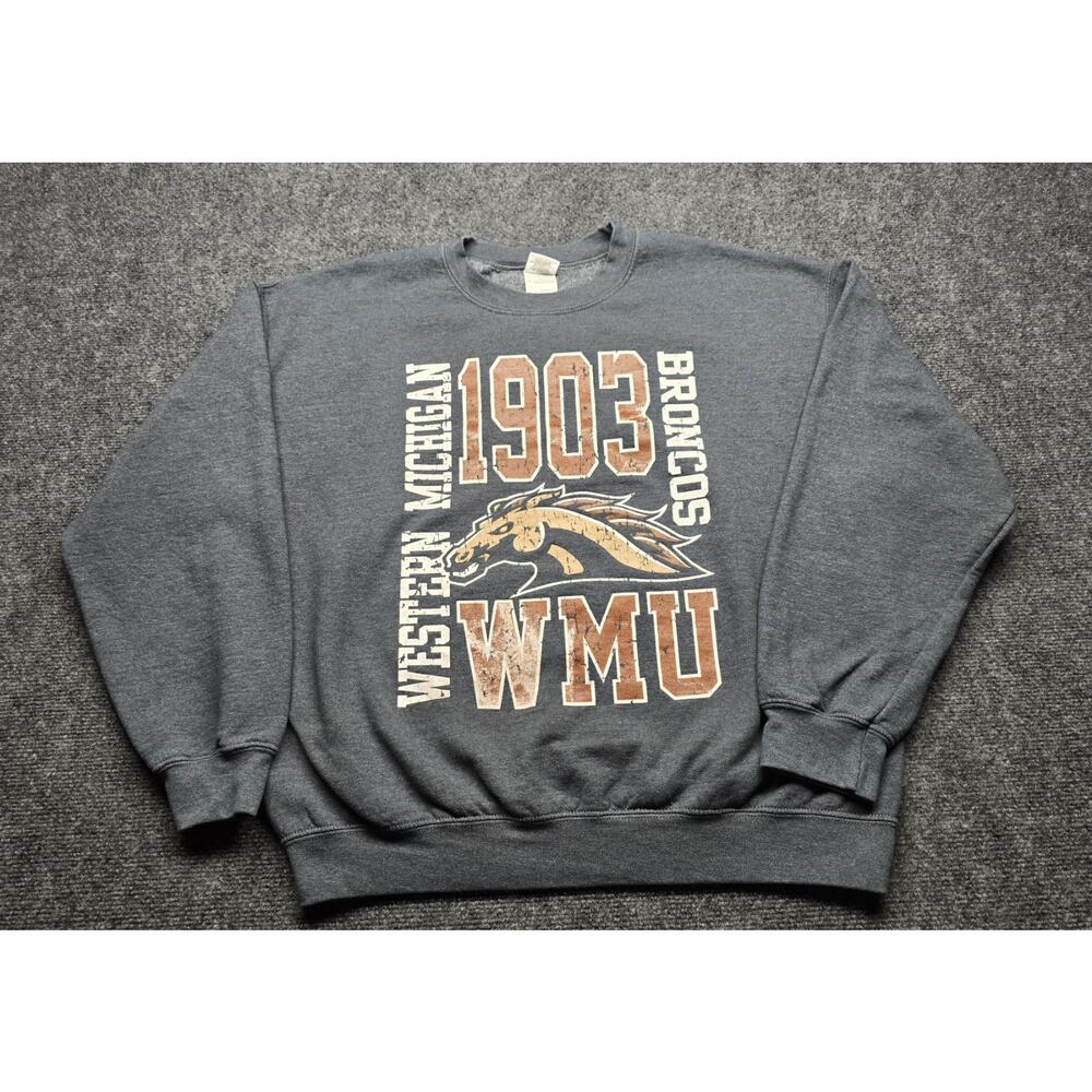 VTG 90's Western Michigan Broncos Gildan Dark Gray Heavy Blend Sweatshirt LARGE